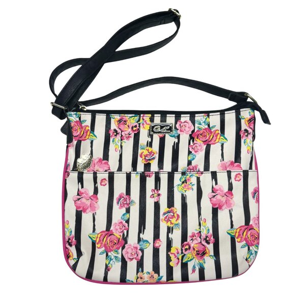 LUV Betsey Johnson Floral Black White Striped Crossbody Bag Excellent - Picture 1 of 8